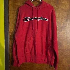 Vintage Champion Hoodie Reverse Weave Mens Medium Red Embroidered Logo Spellout